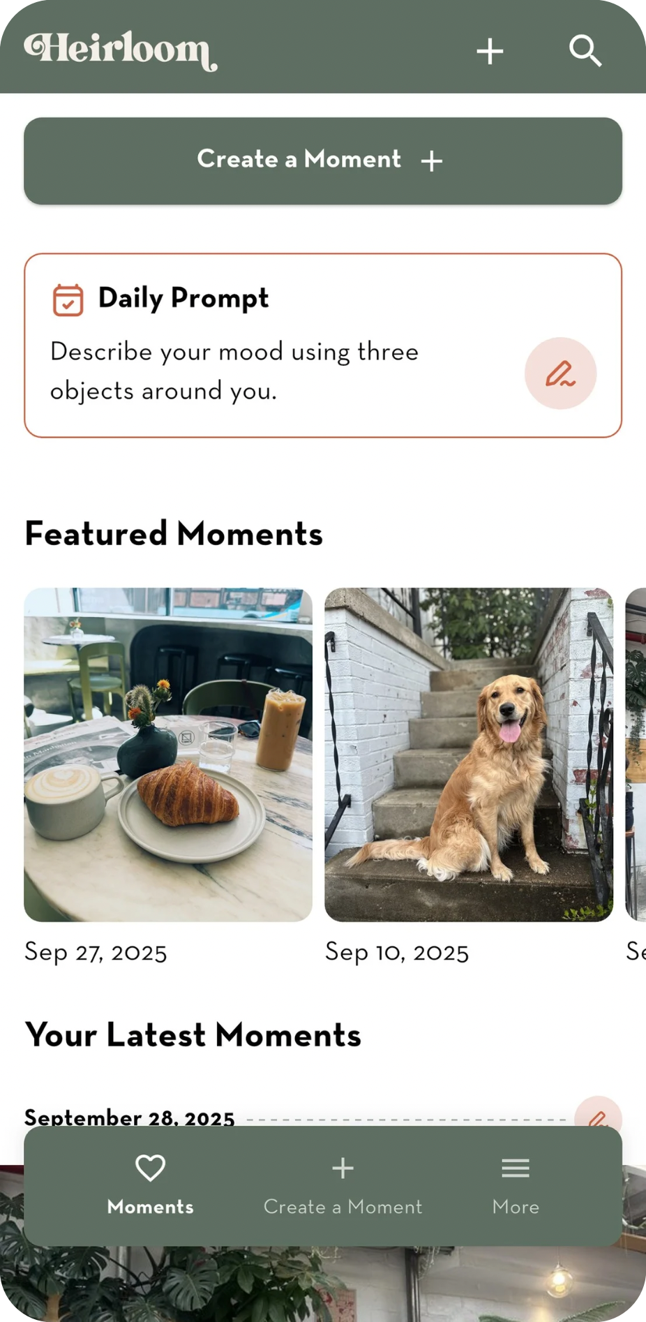 Heirloom moments home screen